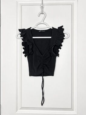 Zara Black Ruffle Sleeve Ruched Crop Top – Size Small
